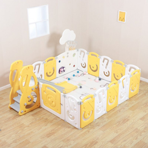 Большой детский игровой манеж, комплекс UNIX Kids SUPREME Music 200x200 Yellow из пластика, с ковриком, горкой, баскетбольным кольцом, для дома и улицы, желтый, белый фото 5
