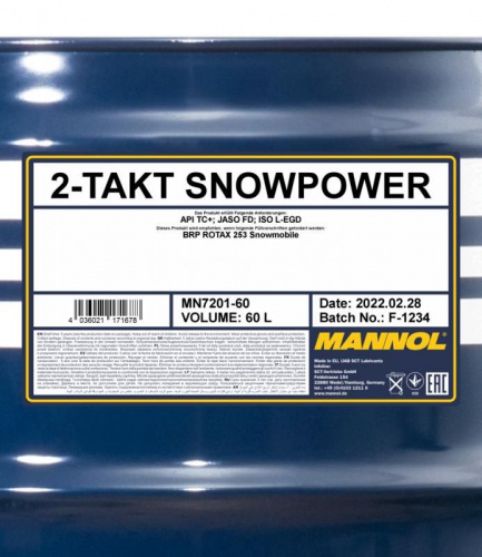 7201 MANNOL 2-TAKT SNOWPOWER 60 л. Синтетическое моторное масло для снегоходов (2T) фото 2
