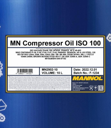 2902 MANNOL COMPRESSOR OIL ISO 100 10 л. Масло для воздушных компрессоров фото 2