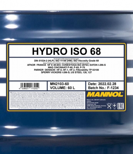 2103 MANNOL HYDRO ISO 68 60 л. Гидравлическое масло фото 2