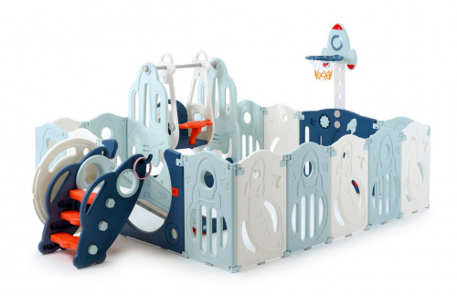 Большой детский игровой манеж, комплекс с качелями UNIX Kids SUPREME Space 200x200 Blue из пластика, с ковриком, горкой, баскетбольным кольцом, для дома и улицы, голубой