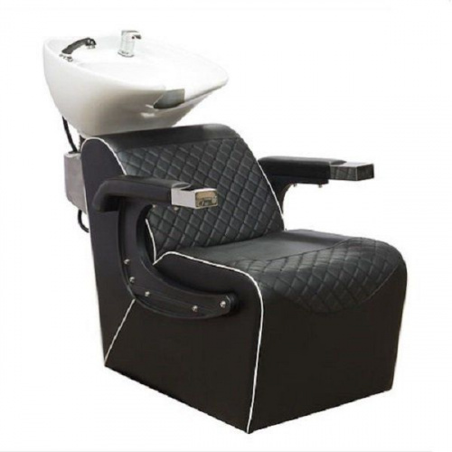 Мойка парикмахерская F-3027. Кресло в черном цвете обивки.Раковина глубокая белая.