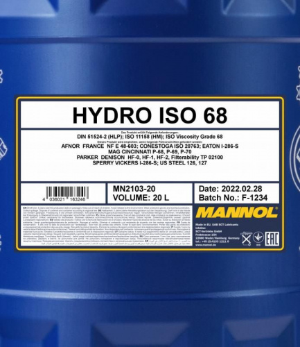 2103 MANNOL HYDRO ISO 68 20 л. Гидравлическое масло фото 2