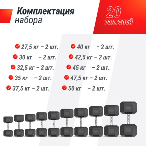 Ряд гантелей гексагональных UNIX Fit обрезиненные от 27,5 до 50 кг фото 4