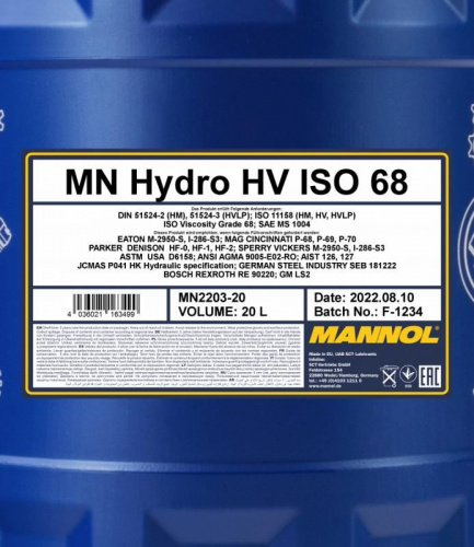 2203 MANNOL HYDRO HV ISO 68 20 л. Гидравлическое масло с высоким индексом вязкости фото 2