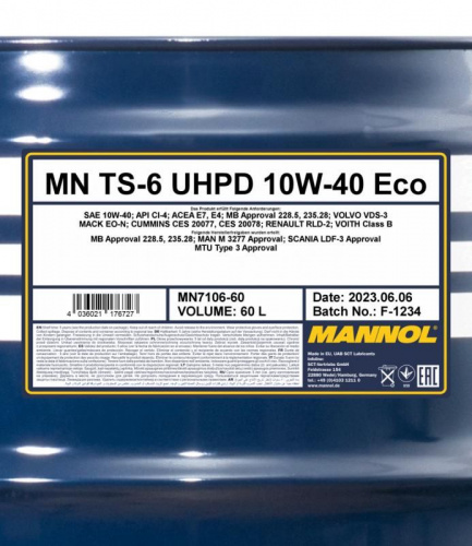 7106 MANNOL TS-6 UHPD ECO 10W40 60 л. Cинтетическое моторное масло 10W-40 фото 2